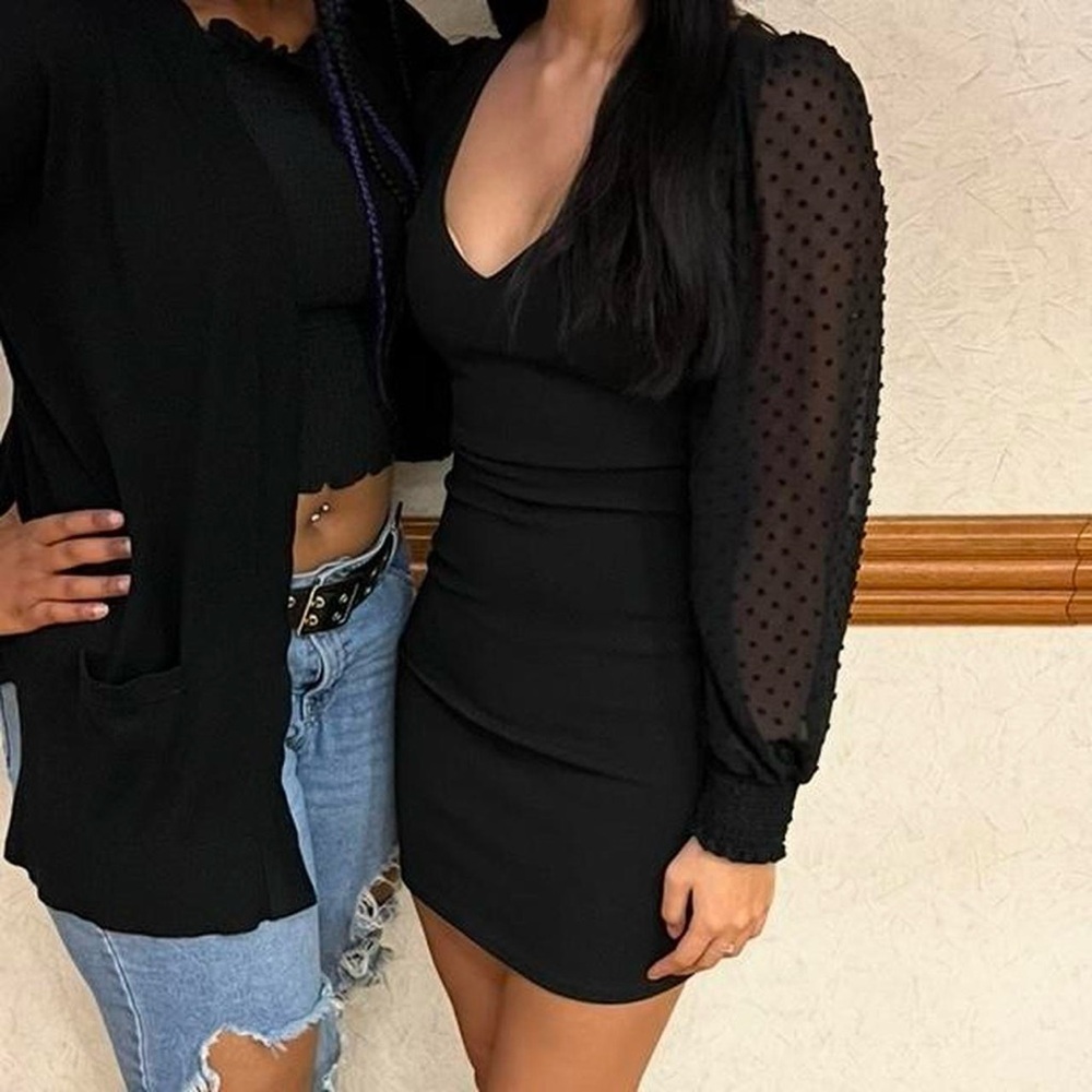 Blue Blush Black Mini Dress with Mesh Sleeves